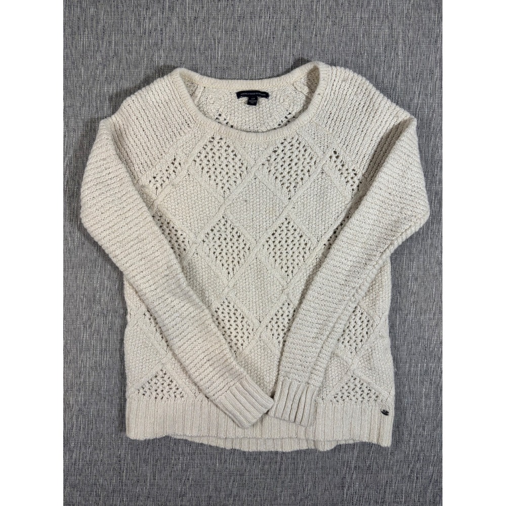 American Eagle Outfitters Cream Diamond Pointelle Knit Pullover Sweater Small